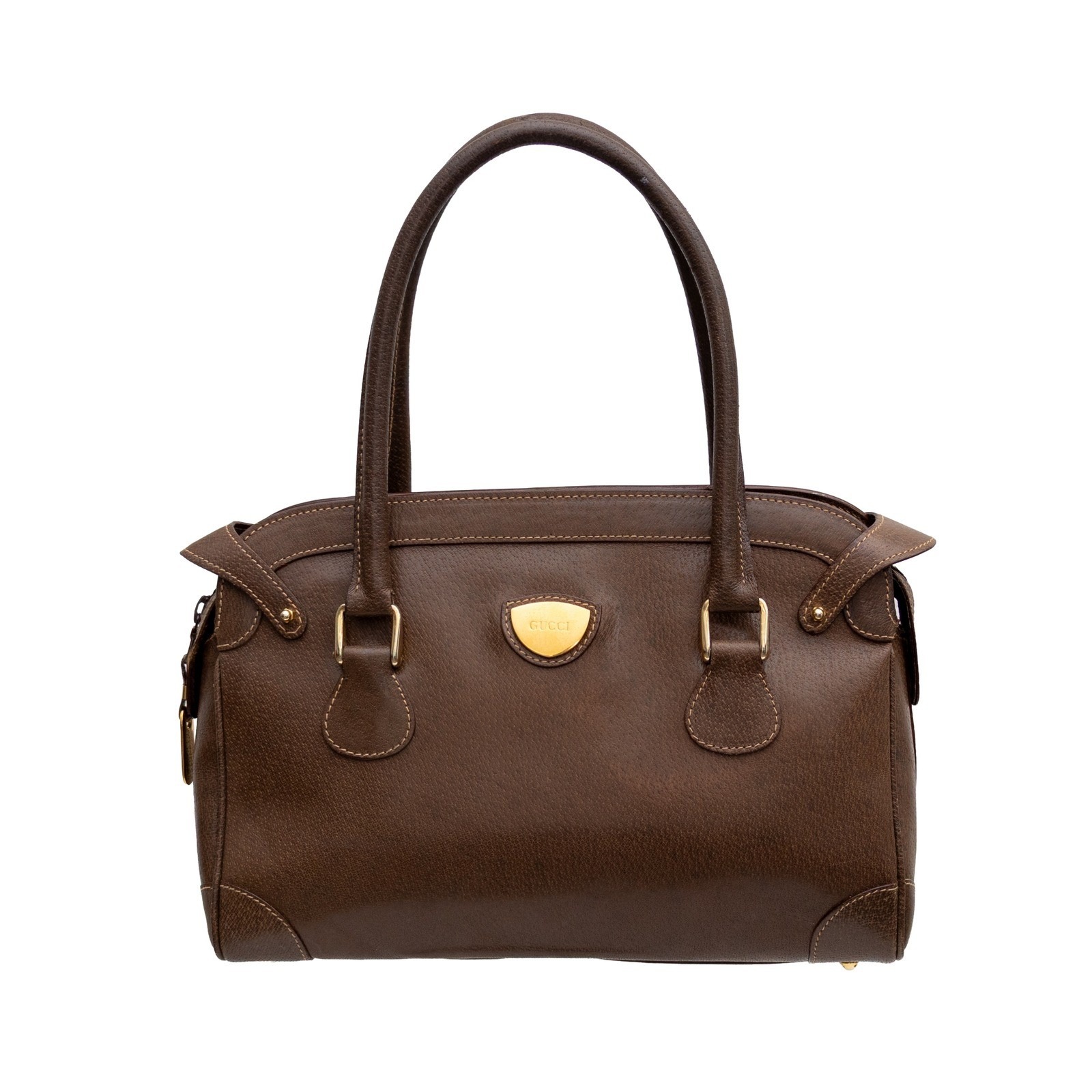 Vintage Gucci Brown Leather Boston Satchel Handbag Gold Logo Italy Doctor Bag